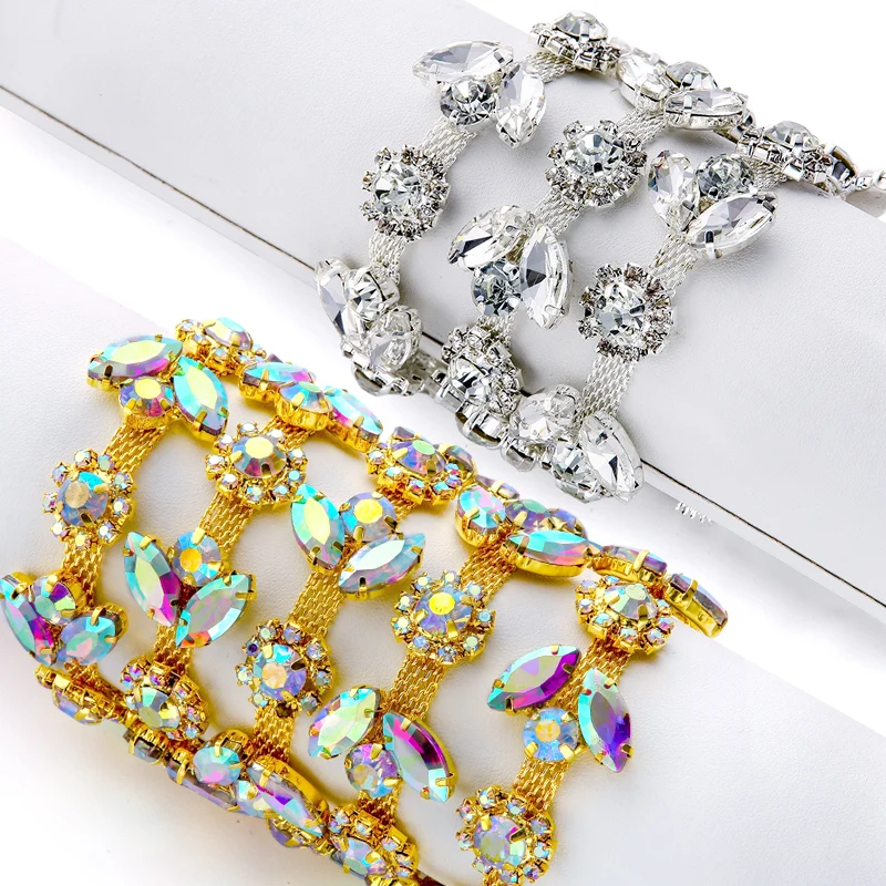 QIAO 90cm Rhinestone Trim Glass Sew on Glitter Beaded Crystal Chain Decoration Trim for Wedding Dress Clothing Accessories