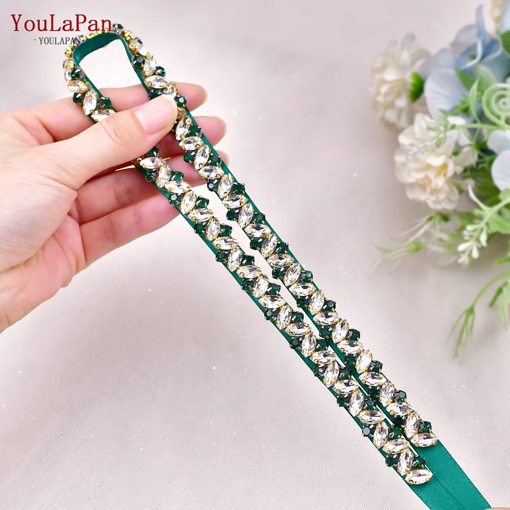 YouLaPan S404-D Fashion Woman Dress Thin Belt Emerald Gold Rhinestone Applique Waist Jewelry Bridesmaid Bridal Wedding Belt