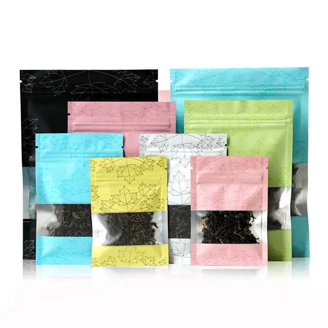 Matte Small 3 Sides Seal Flat Zipper Pouch Food Packaging Resealable Ziplcok Bag With Window For Candy Snack Tea Nuts