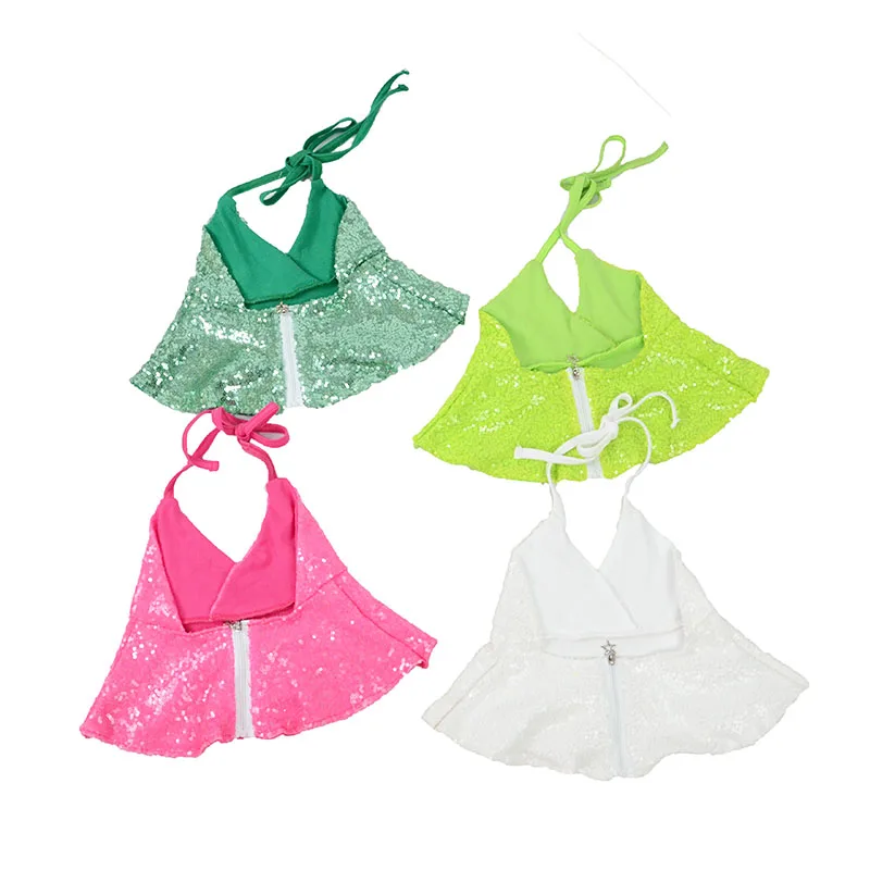 Летняя повседневная детская футболка R1 с принтом для девочек, детский жилет для девочек, детские топы на молнии с блестками и воротником-халтером