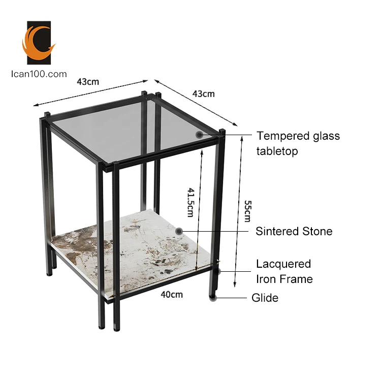 Retro Style Square Sintered Stone And tempered glass Table Top  Metal Frame Table Living Room Furniture  Coffee Table