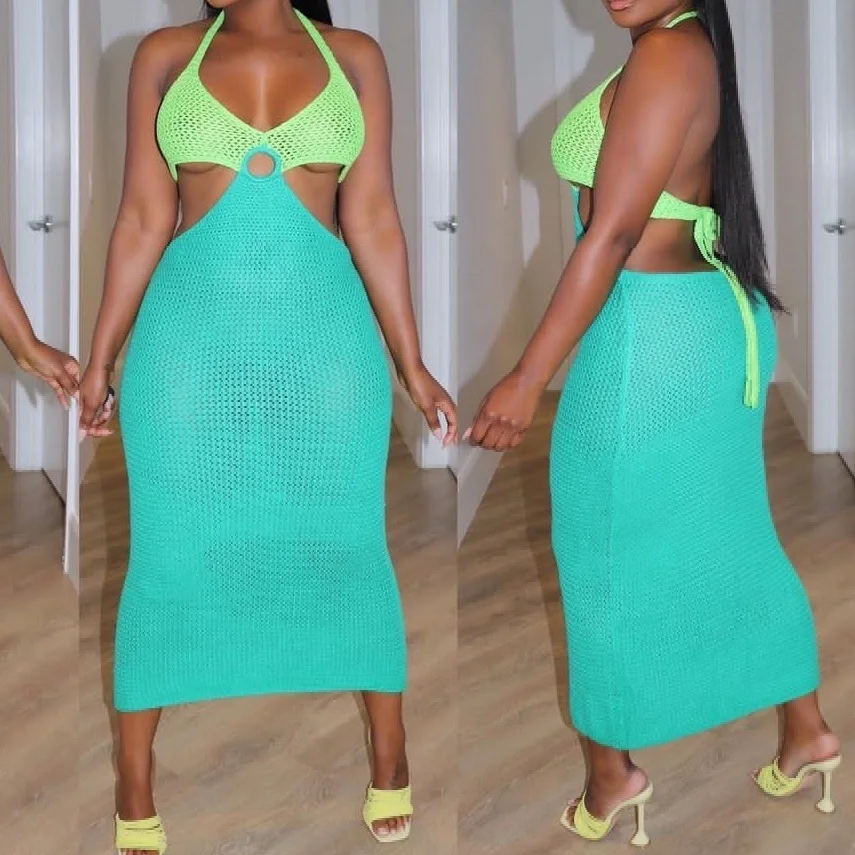 New Summer Beach Sleeveless Patchwork Tie Up Fashion Knitting Bodycon Sexy Elegant Dresses Women Casual Long Maxi Dresses Women