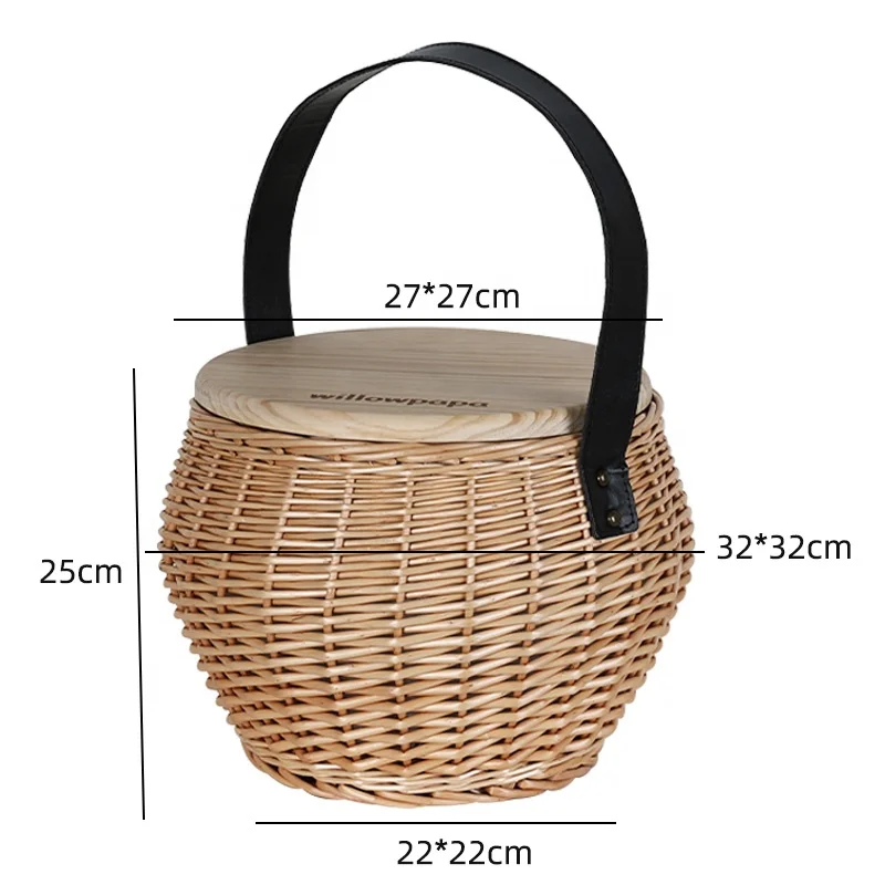 high quality white rattan beach wood top collapsible custom classic weave handle people round picnic basket with leather strap