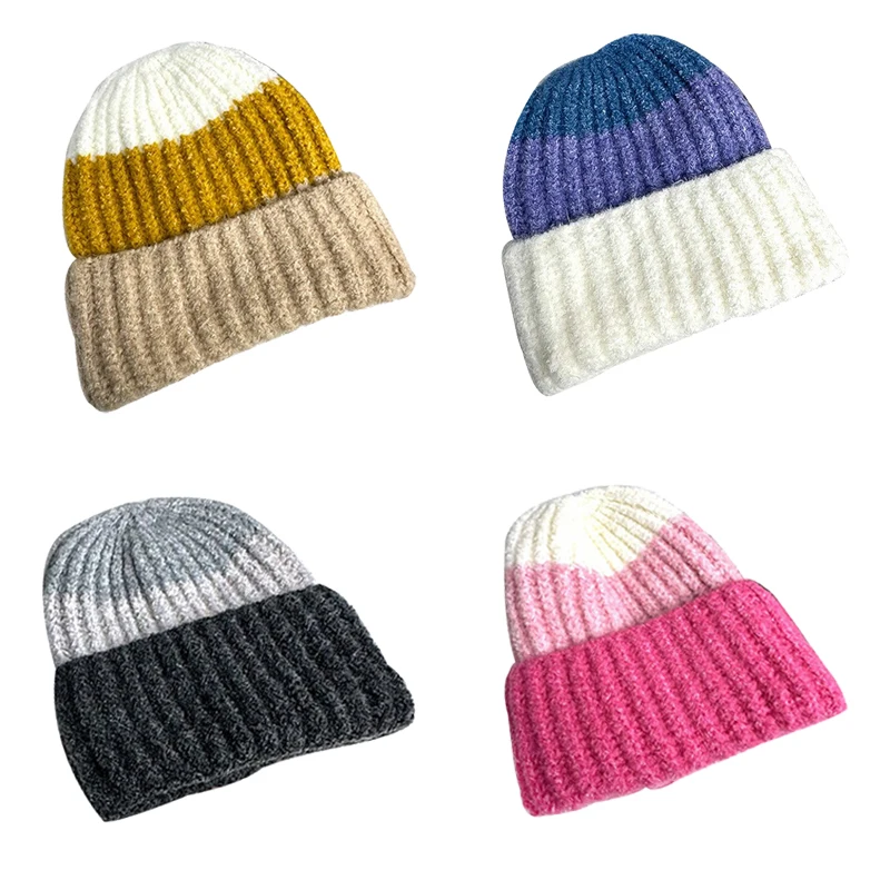 Fashion Casual Striped Beanie Hat Soft Warm Mohair Knitted Winter Crochet Caps
