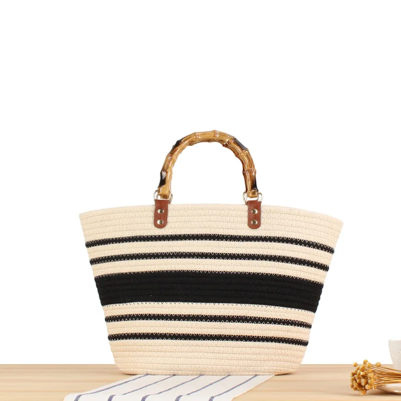 Wholesale Basket large capacity striped bamboo latest fashion straw bags casual tote bag cotton rope woven designer beach bag
