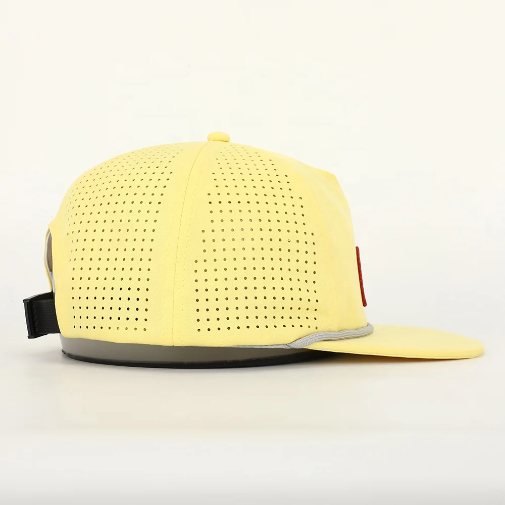 Wholesale Custom Patch Logo 5 Panel Polyester Rope Snapback Cap,Flat Brim Unstructured Gorras,Laser Cut Hole Perforated Hat