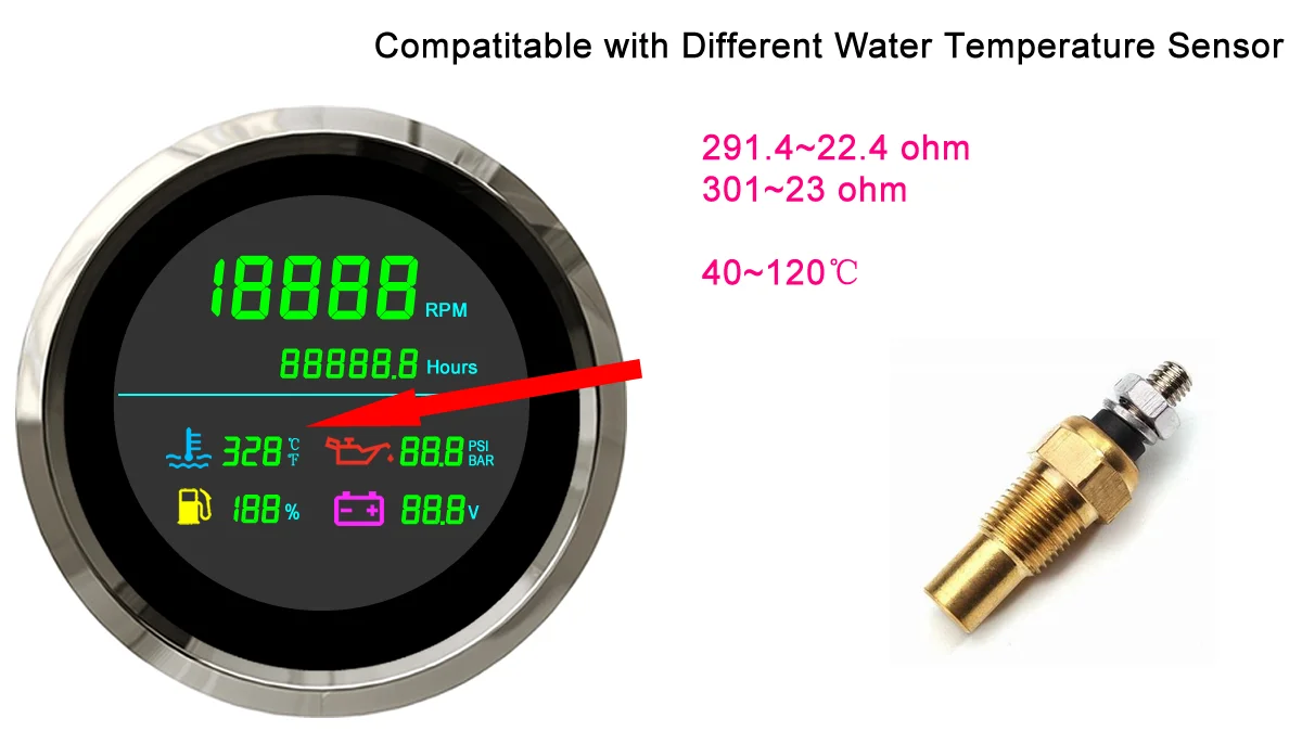 85mm LCD Multi function Fuel Gauge with Tachometer Hour Meter Water Temperature Oil Pressure for Boat Motorcycle bus/truck