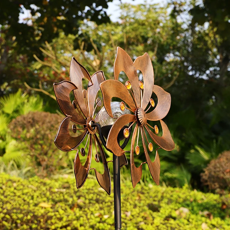 Outdoor Copper garden metal stake solar light kinetic 3d flower shape wind spinners