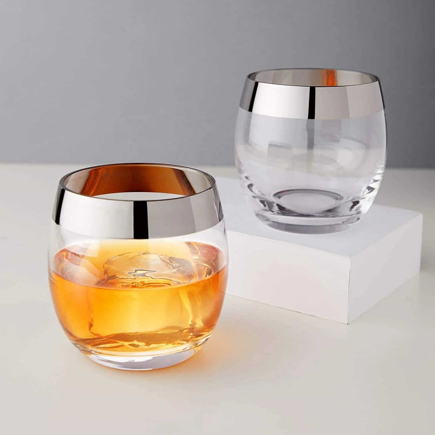 Chrome Rim Crystal Lowball Tumblers round whiskey Crystal glass