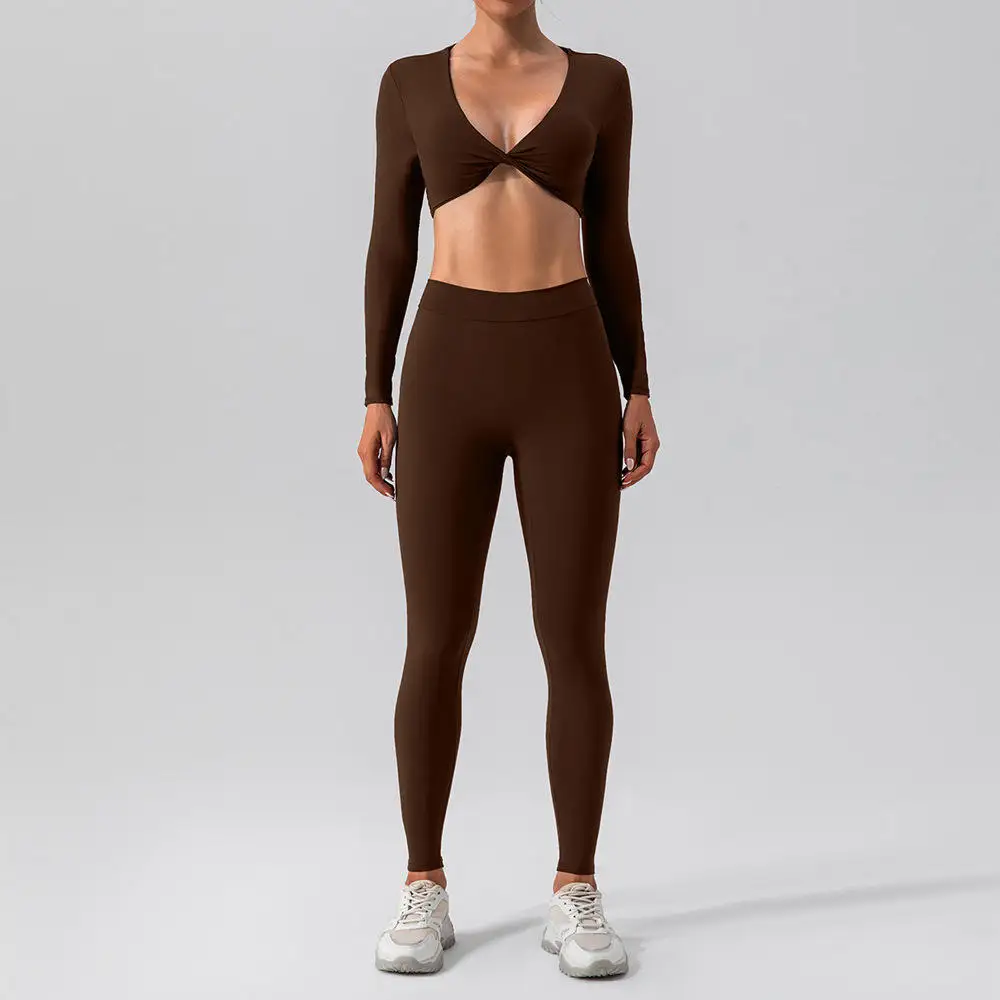 Joyyoung Wholesale 2 Piece High Waist V Back Leggings with Sexy Tops Sportswear Workout Clothing Gym Fitness Sets for Woman