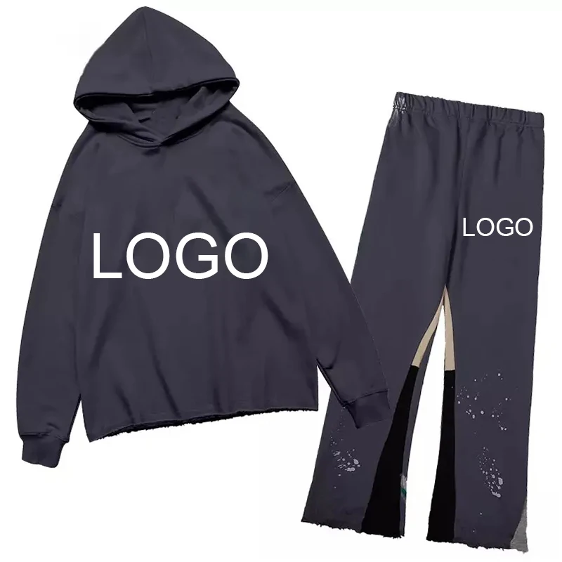Streetwear Puff Print Plain Men Track Suit Set Oversized Blank Cotton Unisex Flared Custom Tracksuits For Men Women High Quality
