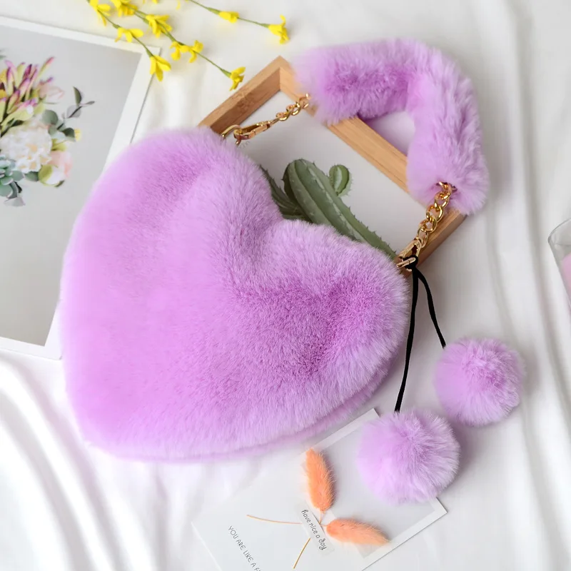 Wholesale New Trendy Popular Girls Cute Pink Plush Love Ladies Purses Tote Bag Fluffy Heart-shaped Fur Women Clutch Handbags