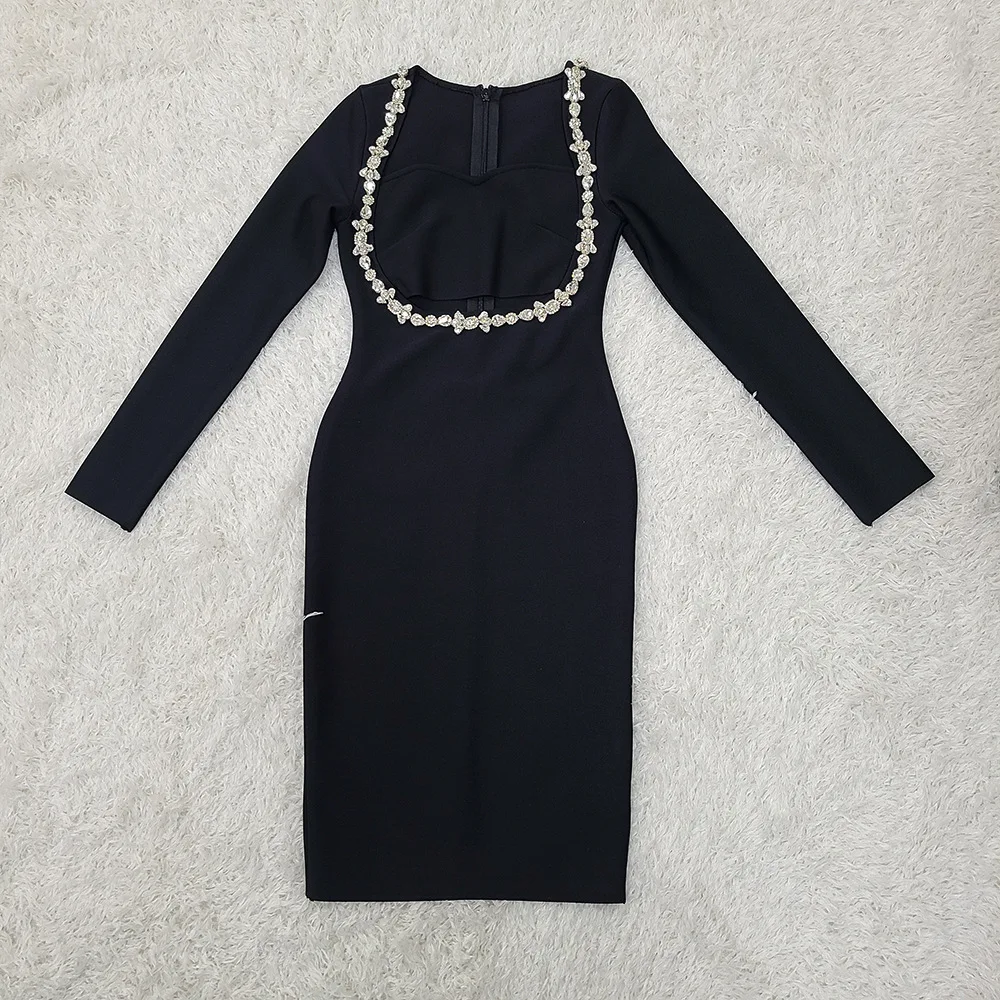 New Designer Long Sleeve Women Evening Dresses Sexy Black Hand Diamond Beading Celebrity party Wear Party Dress