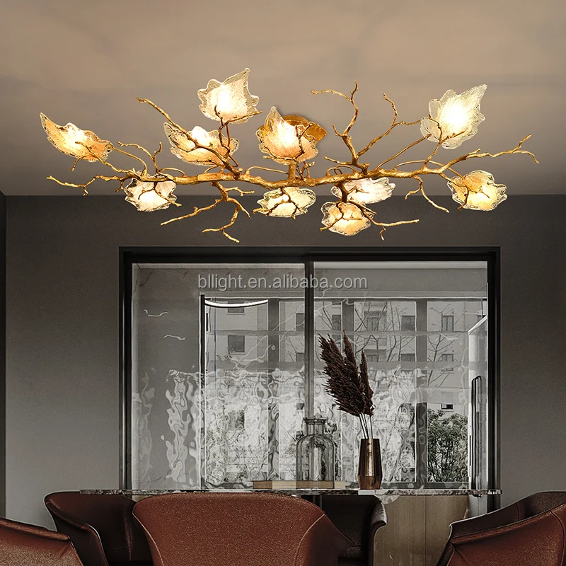 Light luxury chandelier living room lamp creative simple Brass glass maple leaf decoration bedroom dining room crystal lighting