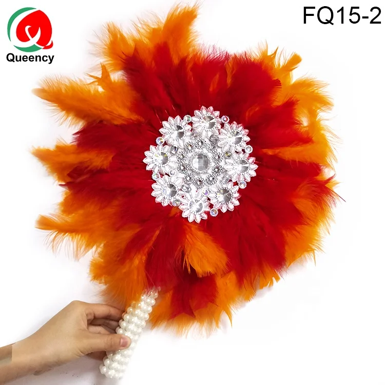 Queency African beautiful cheap ostrich feathers make in China hand fan  African feather fans with beaded