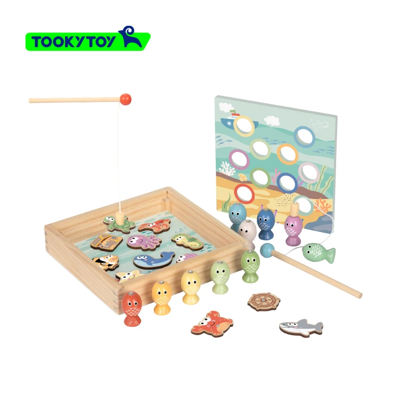 Magnetic Colorful Wooden Fish Toy Sea Creatures Cognition Parent-child Interactive Fish Game for Kids