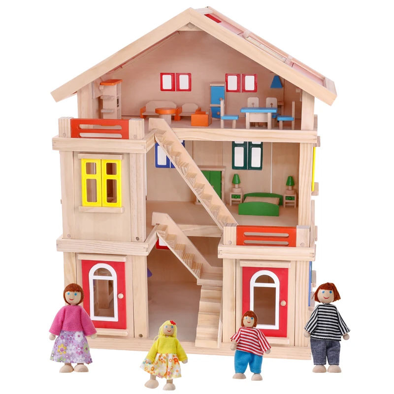 Onshine Happy family wooden toy DIY dollhouse with colorful dolls & furnitures children pretend play large doll house