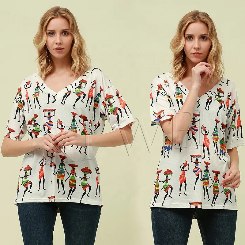 Casual Short Sleeve V-neck Style Cheap Blouse Women Tops Full Print T-shirts Cartoon Graphic Print Top Ladies