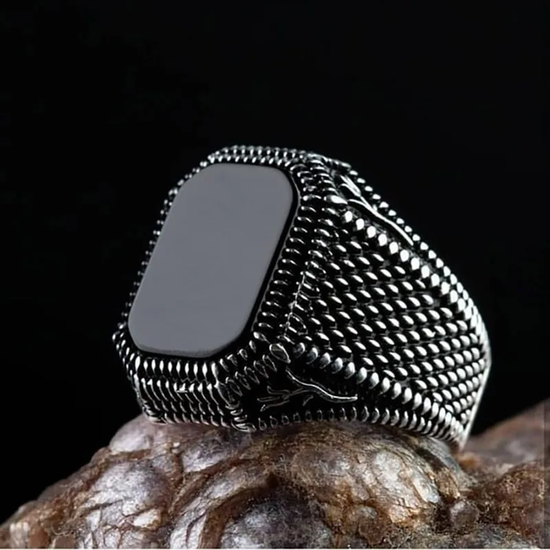Hot Sell Gemstone Agate Stone Turkish Rings Pattern Jewelry Vintage Retro Natural Black Square Men Ring