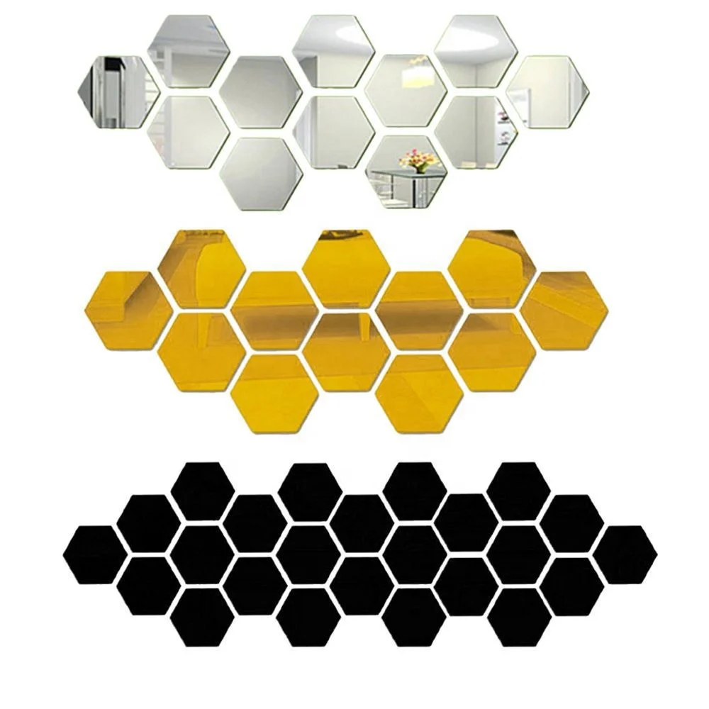 Self Adhesive Tiles Mirror Wall Stickers Non Glass Mirror Plastic 3D Hexagon Acrylic Mirror Wall Decor