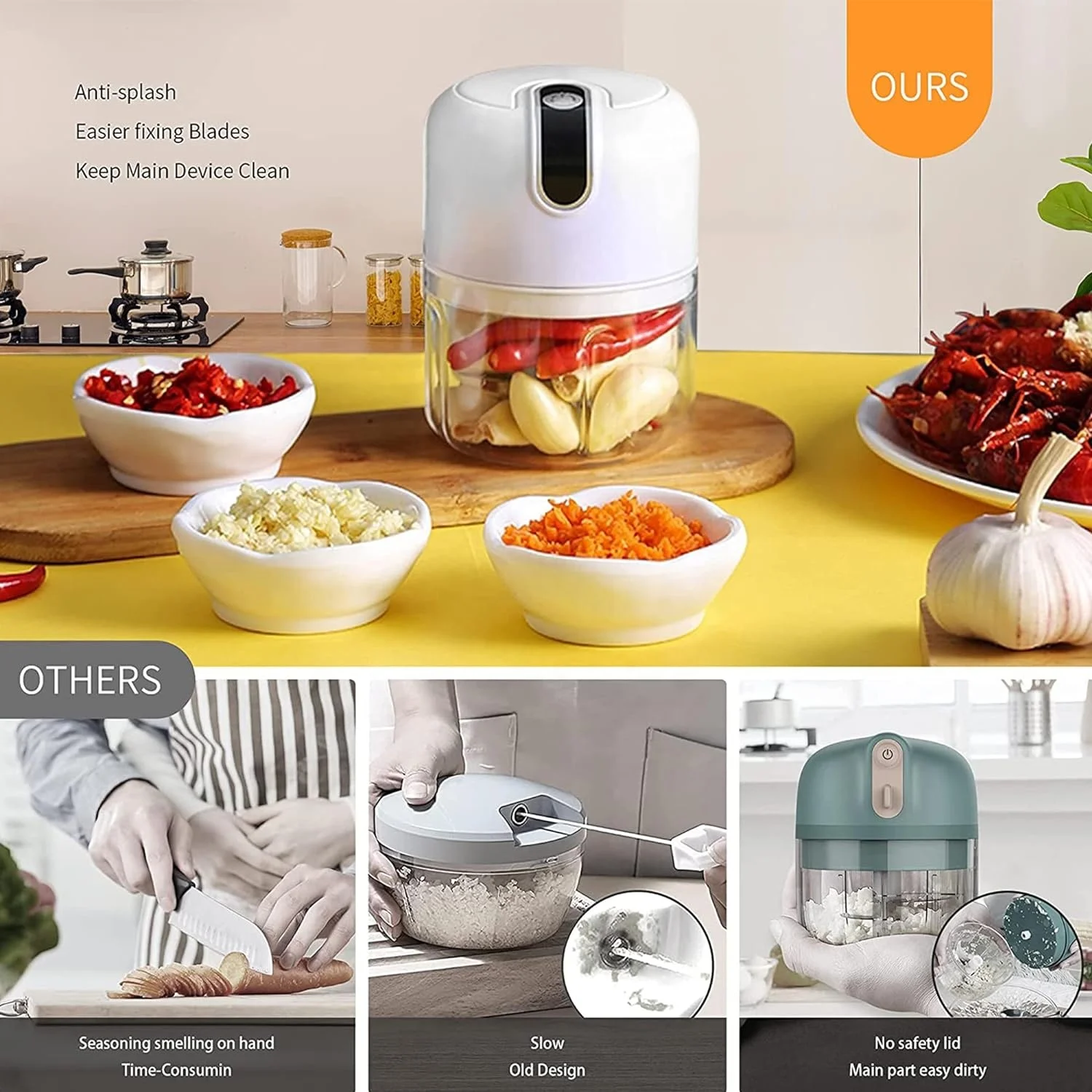 USB Rechargeable Electric Mini Food Processor Chopper Blender Garlic Vegetable Plastic Portable Cordless Steel Stainless Steel