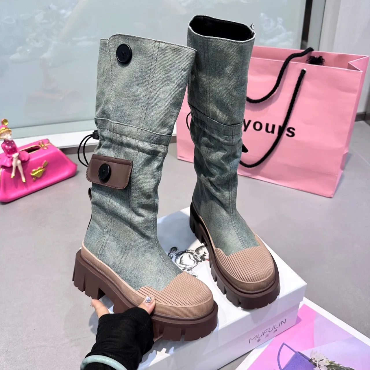 PDEP  denim boots women shoes 2023  New Canvas Thick Sole Round Head Comfortable ladies knee high long boots