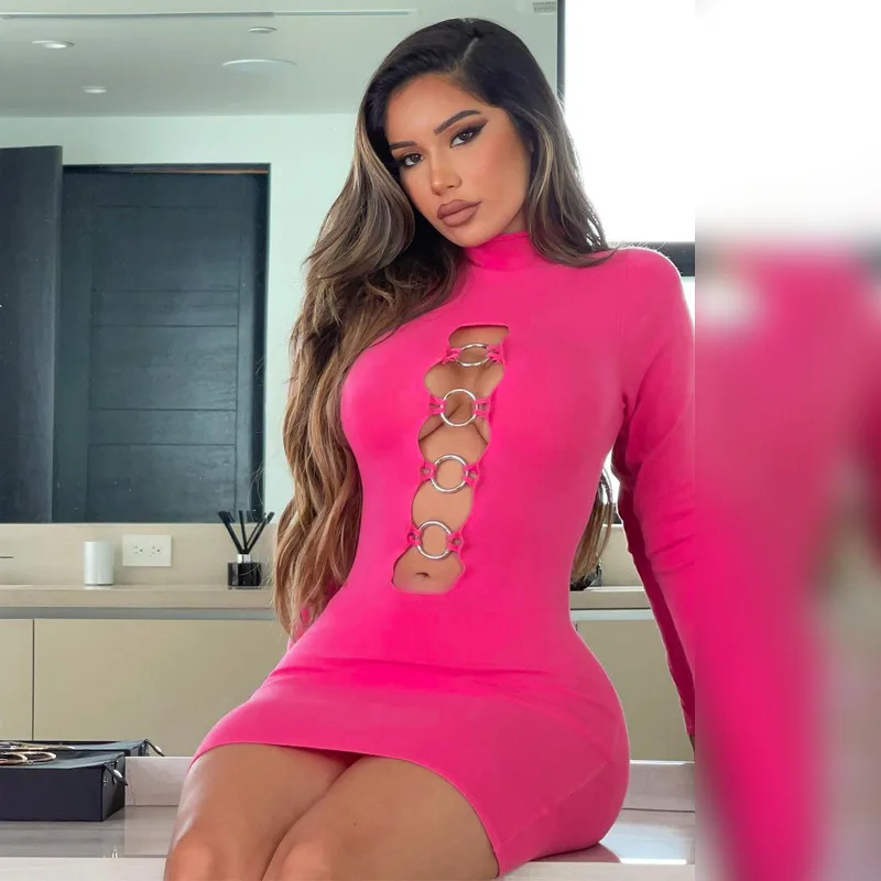 Magicmk Drop shipping Women Sexy Solid Color Hollow Out Long Sleeve Elegant Party Club Night Dress