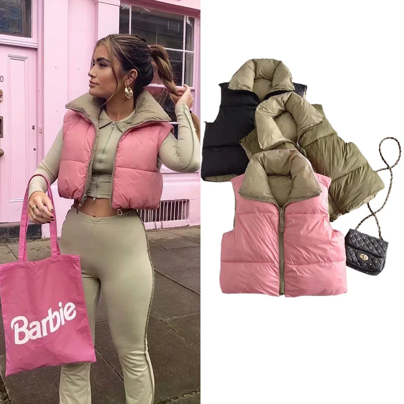 Winter Solid Color Sleeveless Zipper Windbreaker Contrast Double sided Gilet Jacket Cropped Puffer Vest Women