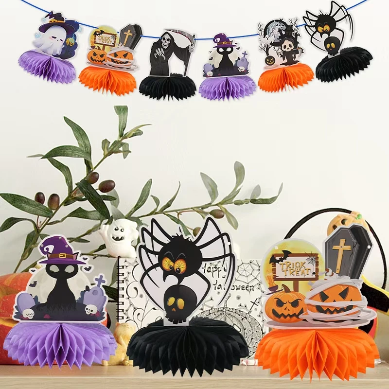 Halloween Honeycomb Table Centerpieces Paper Fans Pumpkin Skull Ghost Cat Tombstone Elements Table Centerpiece for Birthday
