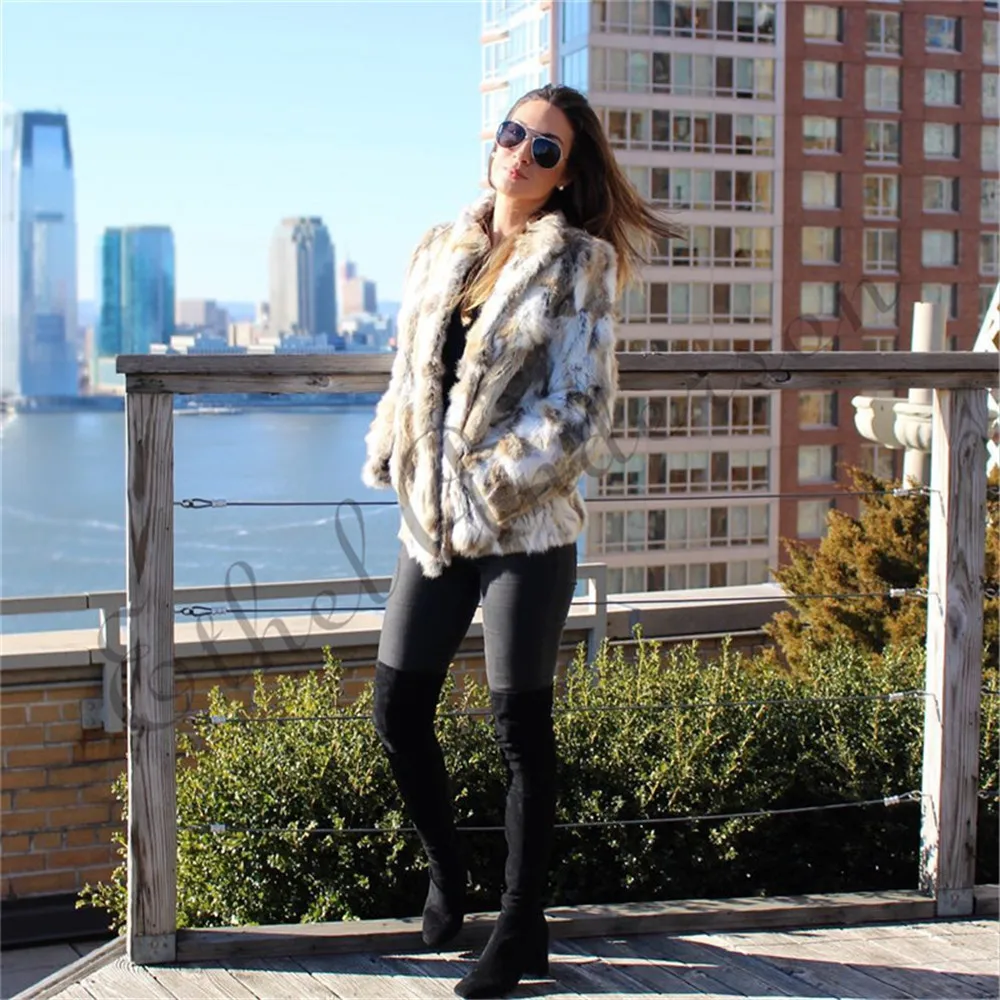Free shipping Real Farm Rabbit Fur Coat Striped Pattern Full Length Sleeve Coat Hip-Length Outwear