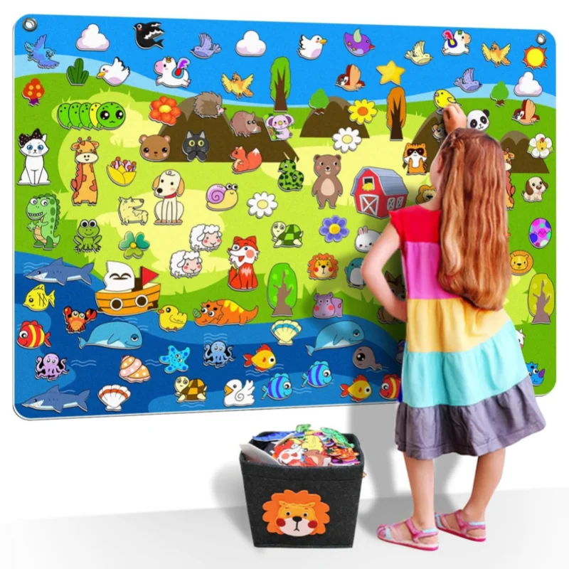 204 Pcs Animals Felt Busy Board Story Set with Storage Bag Preschool Large Wall Storyboard Forest Wall Hanging Learning Toys