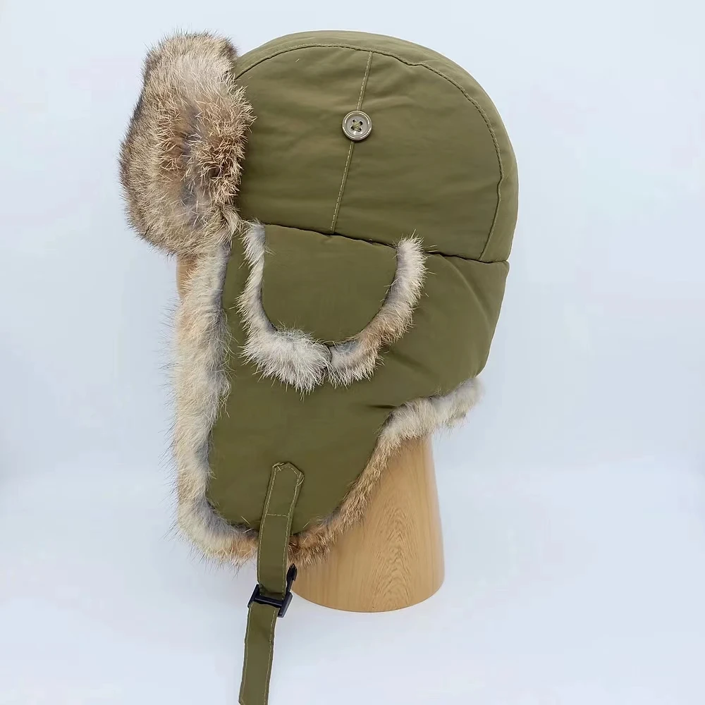 Fashion Waterproof Hunting Russian Unisex Men Plain fur Warm pure color Nylon Ear Flap Strap Winter Hat