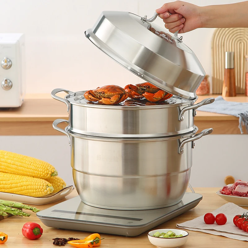 Multifunctional 26cm Stainless Steel Food Steamer With Glass Lid Cooking Pot 2 Layers for Kitchen Restaurant