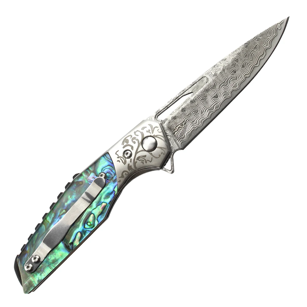 Best selling product custom Survival Knife Damascus Blades Blade & Abalone hell resin Handle Ball bearing folding knife