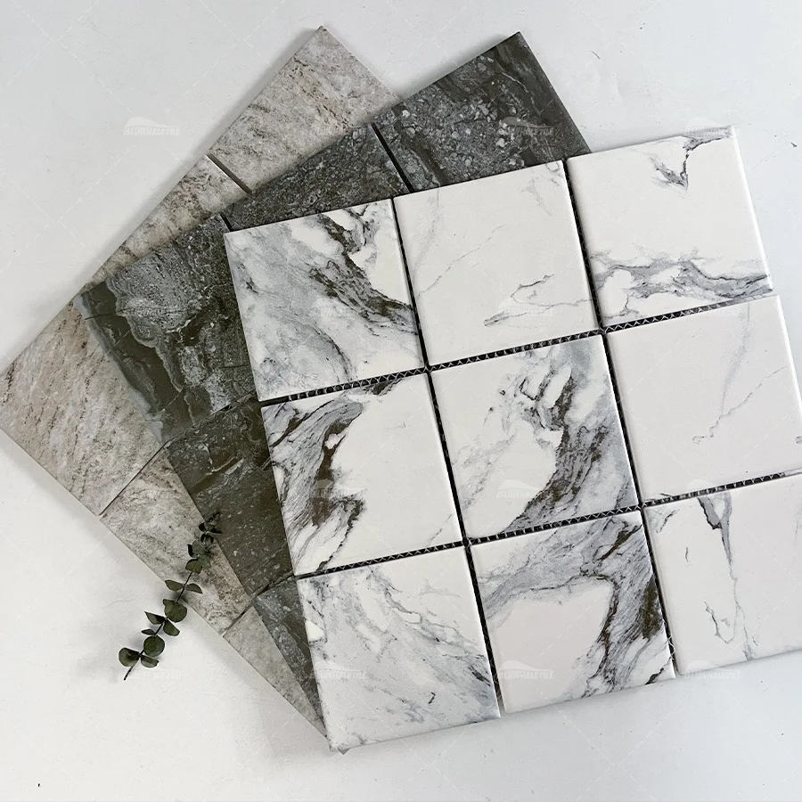 Bluwhale Tile Supply Wholesale Anti Slip Marble Look White Porcelain Mosaic 4x4 Square Glossy Surface Ceramic Swimming Pool Tile