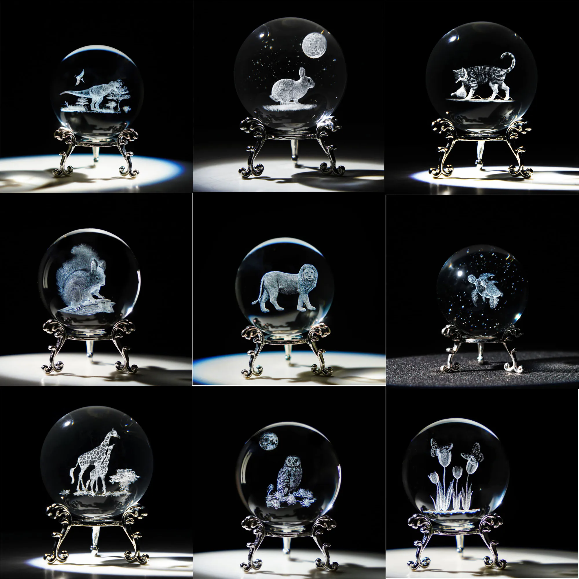 3D Crystal Ball 2.4inch Laser Engraved Animal Figurine Collectibles Paperweight Glass Decorative Full Sphere with Stand