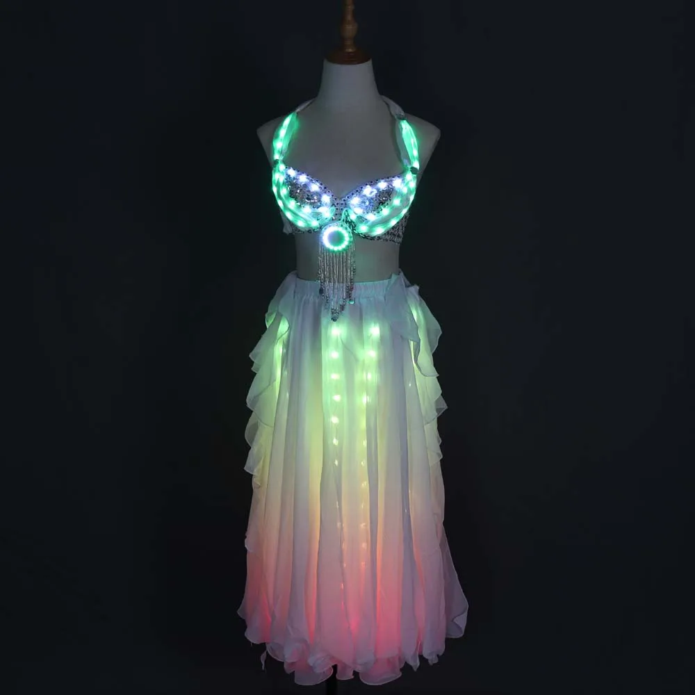 LED Color Lights Women Belly Dance Split Skirt Sexy Professional Belly dance Training Clothes Dancing Costumes