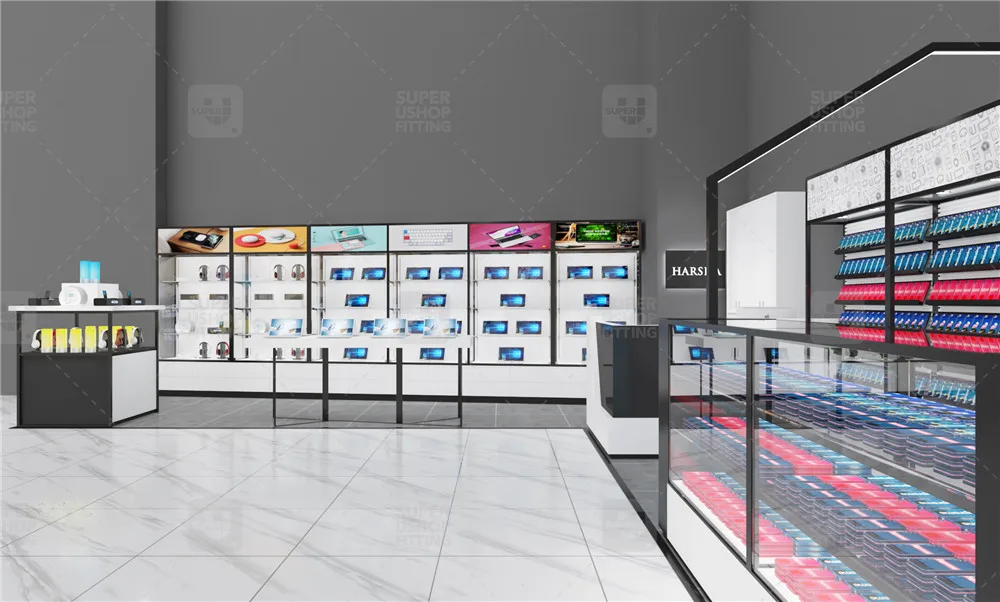 Modern Laptop Shop Display Cabinet Furniture Design Custom Glass Computer Store Wall Shelves for Headphone Retail
