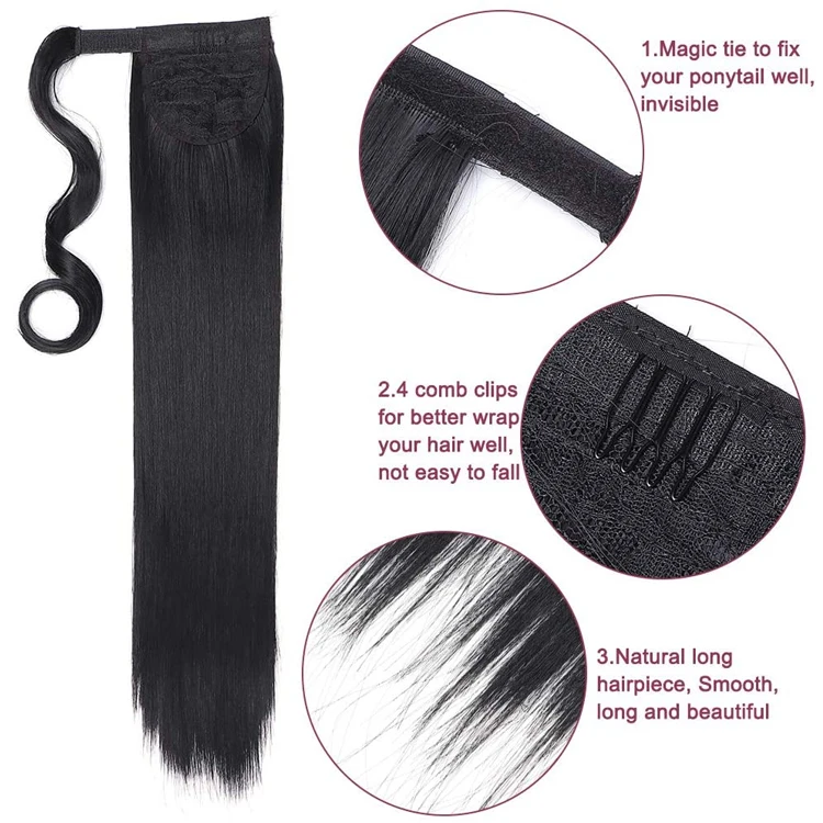 Wholesale Synthetic Fiber Straight Ponytails Clip in 22 Inch Wrap Around Straight Hairpiece Ponytail Extension