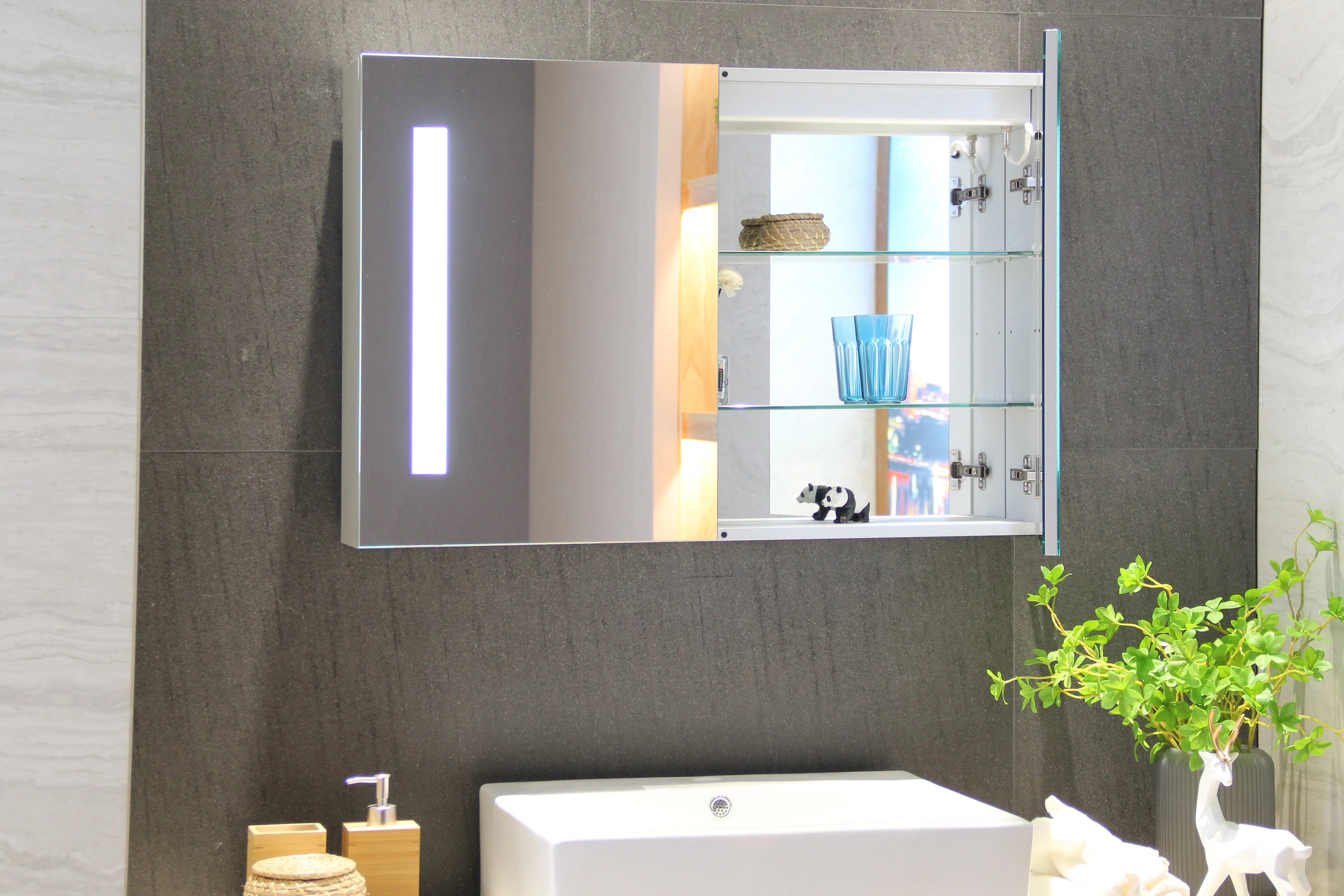 Bathroom Dim Mirror Cabinet Manufacturer Touch Sensor LED Lighted Wall Cabinet Makeup Medicine Cabinet With Double Side Mirror