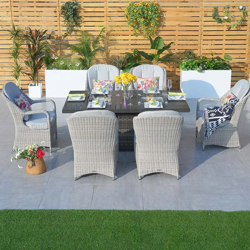 6 seat Modern Ice Bucket Gas Fire Pit Rectangular Dining Set-Brown Outdoor Rattan Furniture Chairs And Tables