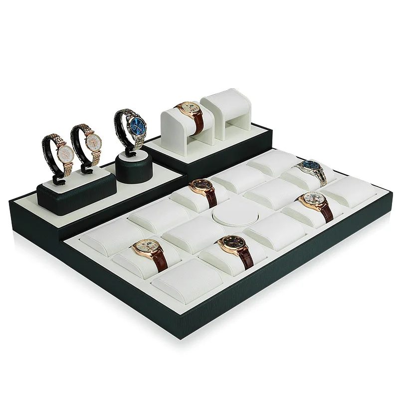 Wholesale Hot Sale black watch organizers showcase stand pu leather smart watch display tray with Acrylic hook