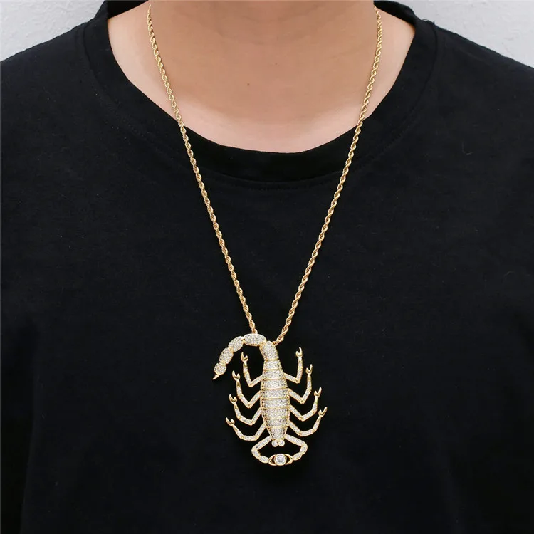 New Fashion 18k Gold Plated Micro Pave Bling AAA Cubic Zircon Hiphop Scorpion Pendant Necklace