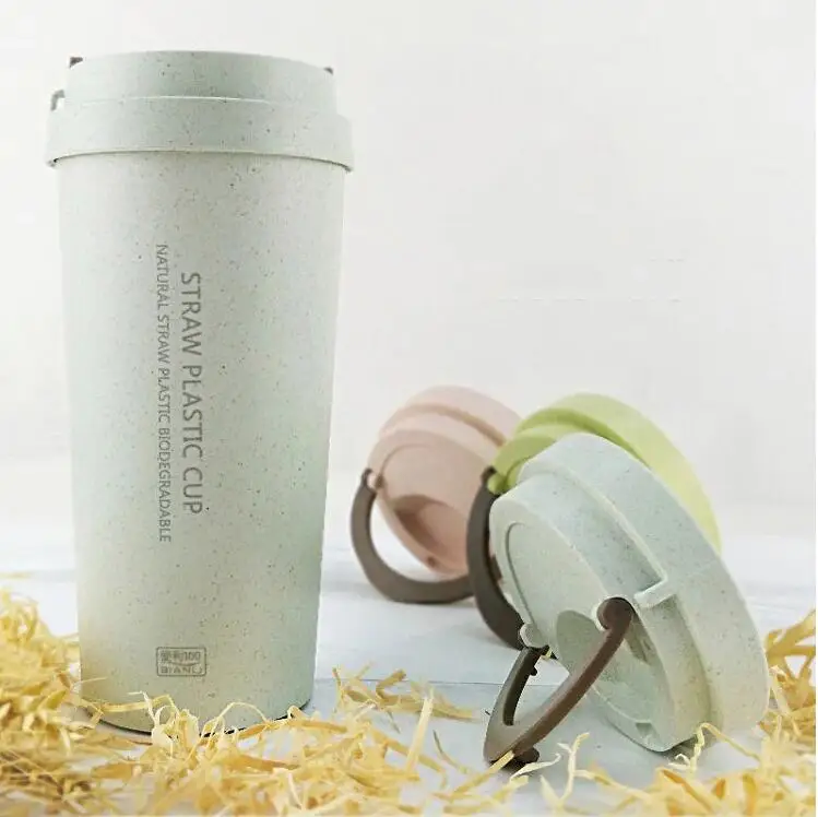 400ml Wheat Straw Cellulose Made Leak Proof Double Layer Heat Insulate Water Bottle Coffee Cup with Handle Creative Fashion
