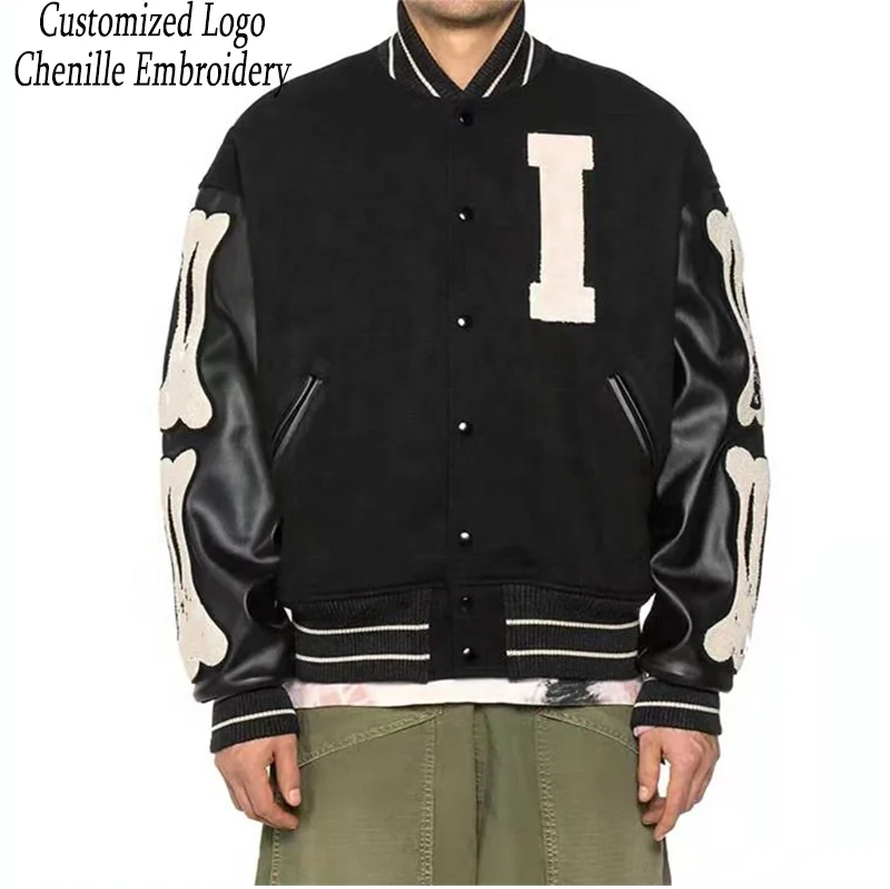 L445 OEM 2023 Custom logo chenille embroidery leather sleeves pockets pattern bomber letterman outdoor varsities jackets for men