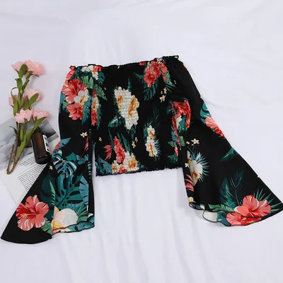 Women off Shoulder Long Sleeve Shirt Floral Printed Woman Casual Blouse