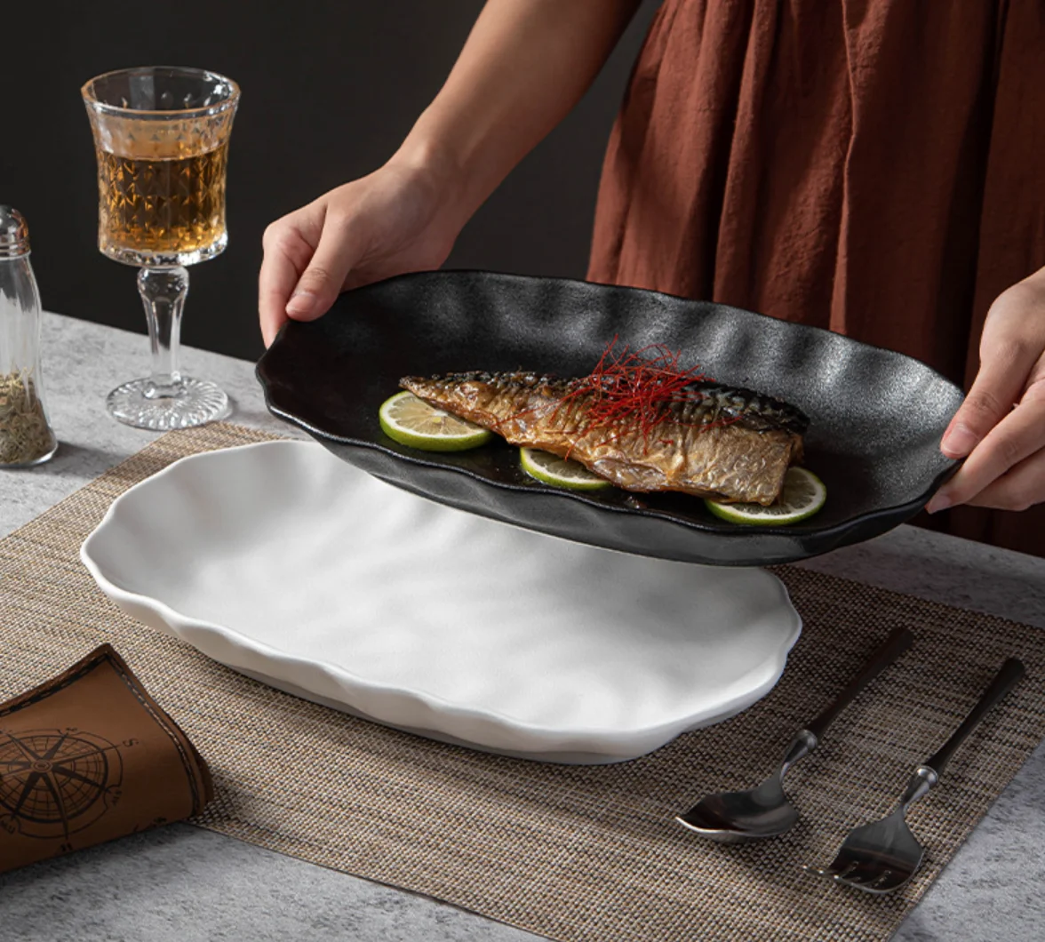ins high-end black and white frosted ceramic tableware wholesale household simple dishes dishes fish plates