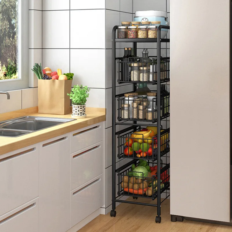 3 Tiers Metal Rolling Kitchen Vegetable Storage Trolley Cart with Basket and Lock Caster Wheel