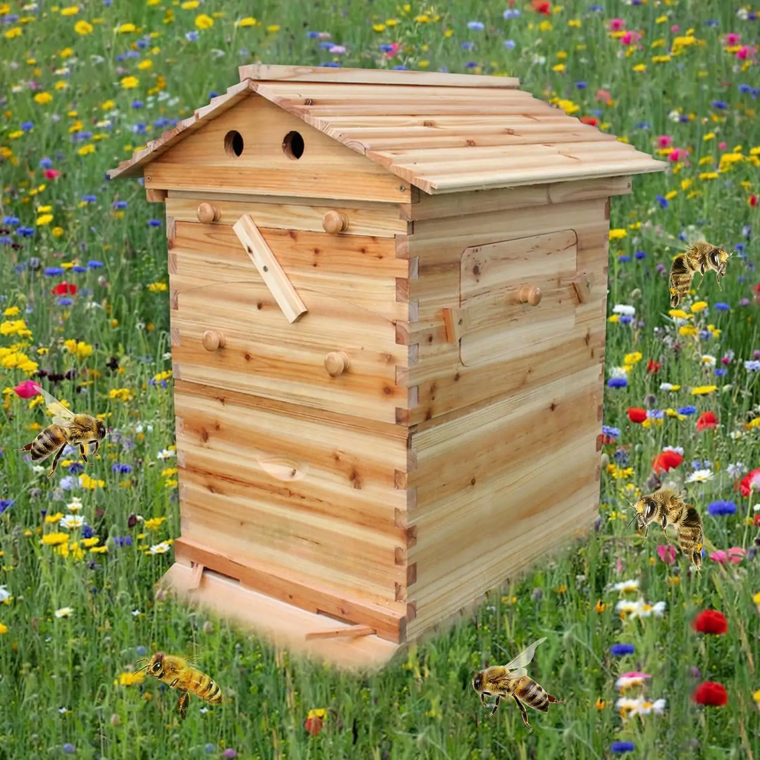 2023 Hot Sale Wooden Bee Hive Box Low Price Honey Automatic Auto Self Flowing Beehive With Honey Harvesting