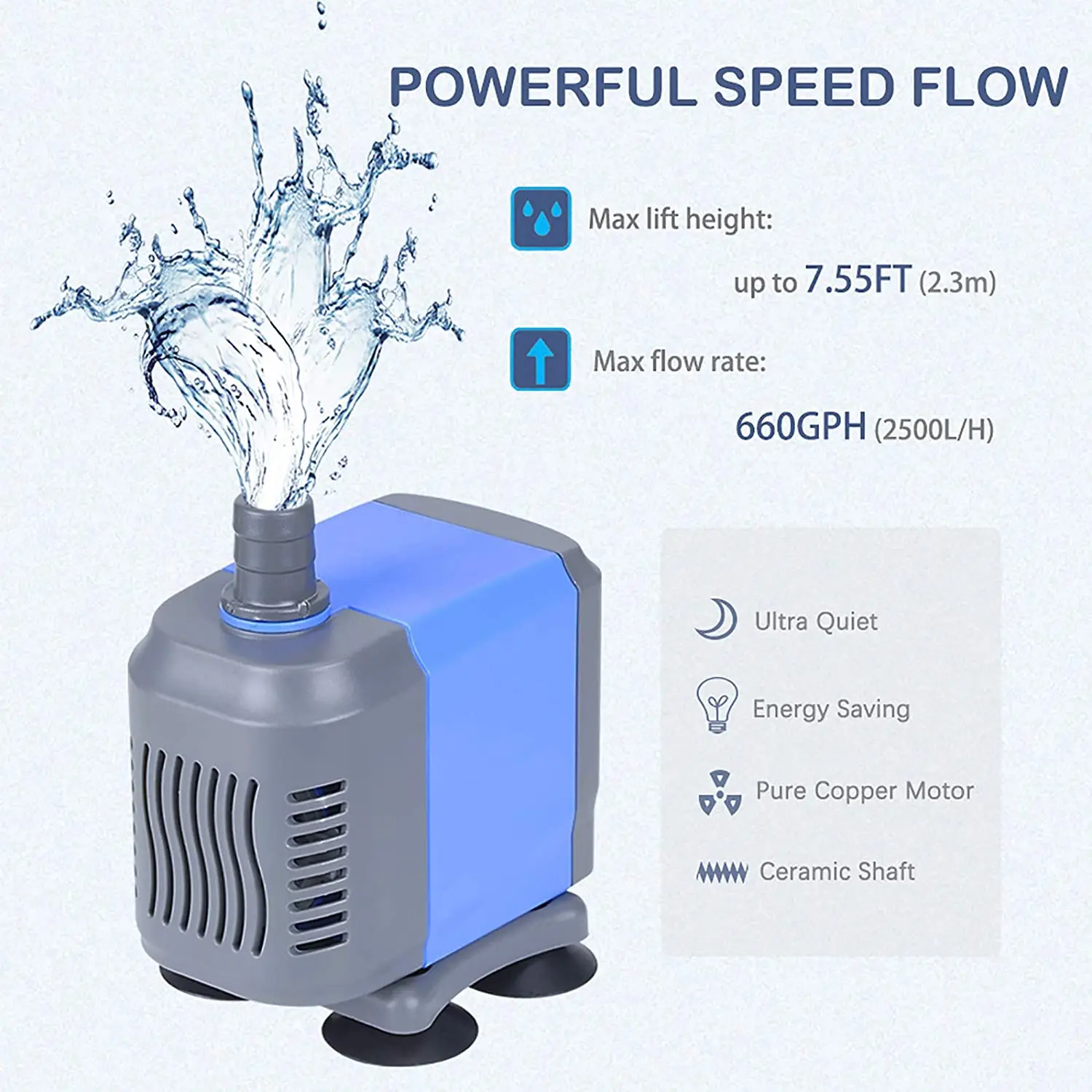 Погружной водяной насос Genrics Seven Master 660GPH (2500 л/ч 50 Вт) 2 сопла для бесшумного фонтана аквариума гидропоники